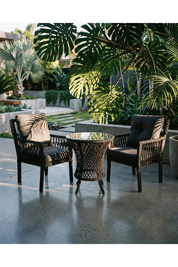 Alya Raddan 1+1 Bistro Set Minderli 2 Kişilik Raddan Oturma Grubu Camlı Sehpa Bahçe Balkon Teras Set